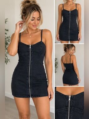 Forever 21 Black Denim Zip-Front Spaghetti Strap Mini Dress